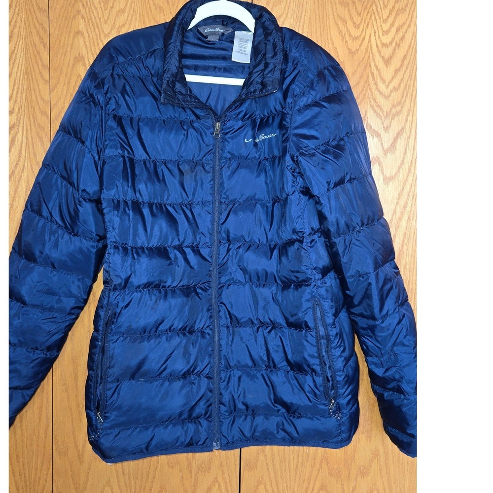Eddie Bauer Mens Navy Blue Puffer Jacket Full Zip Quilted Down Outerwear Large